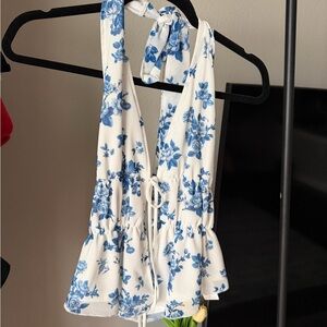 Elegant Blue Floral Halter Blouse